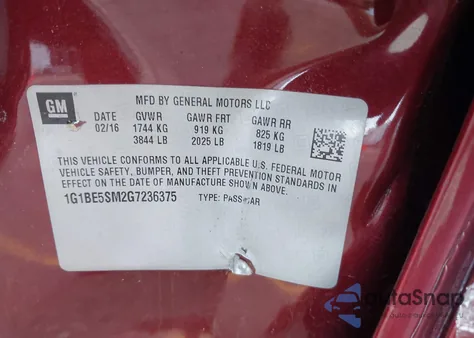 2016 Chevrolet Cruze Lt Auto z USA, uszkodzony, nr VIN 1G1BE5SM2G7236375